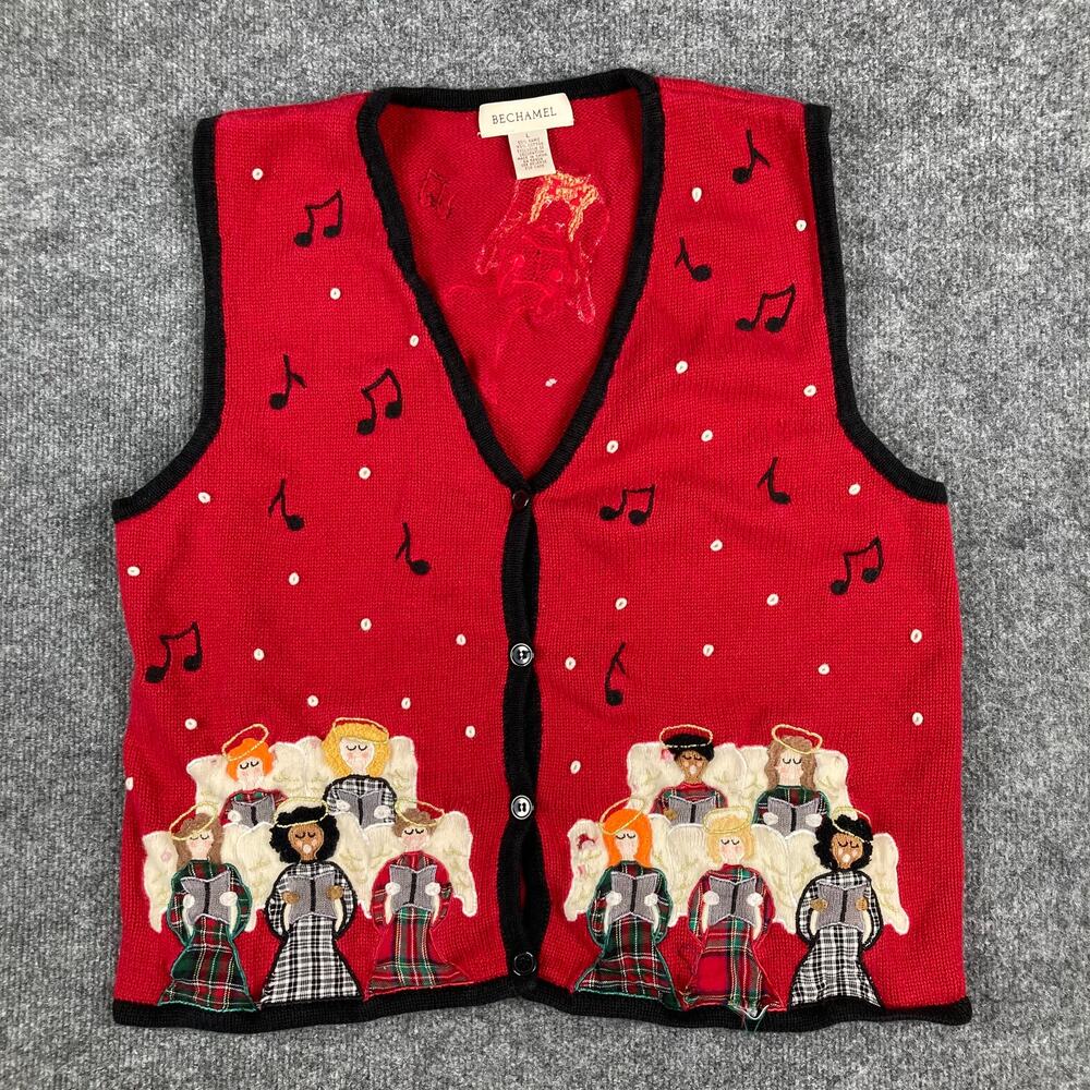 Bechamel Sweater Vest Womens Size L‎ Red Ramie Cotton Angel Music Holiday